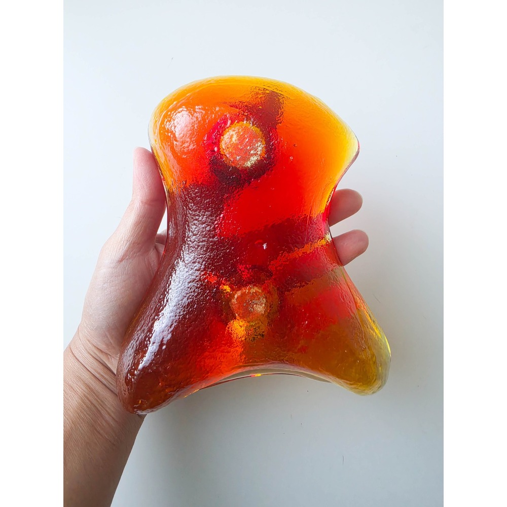 Vintage MCM Blenko Amoeba Amber Red Glass Biomorphic 2 Hole Candle Holder - Picture 4 of 9